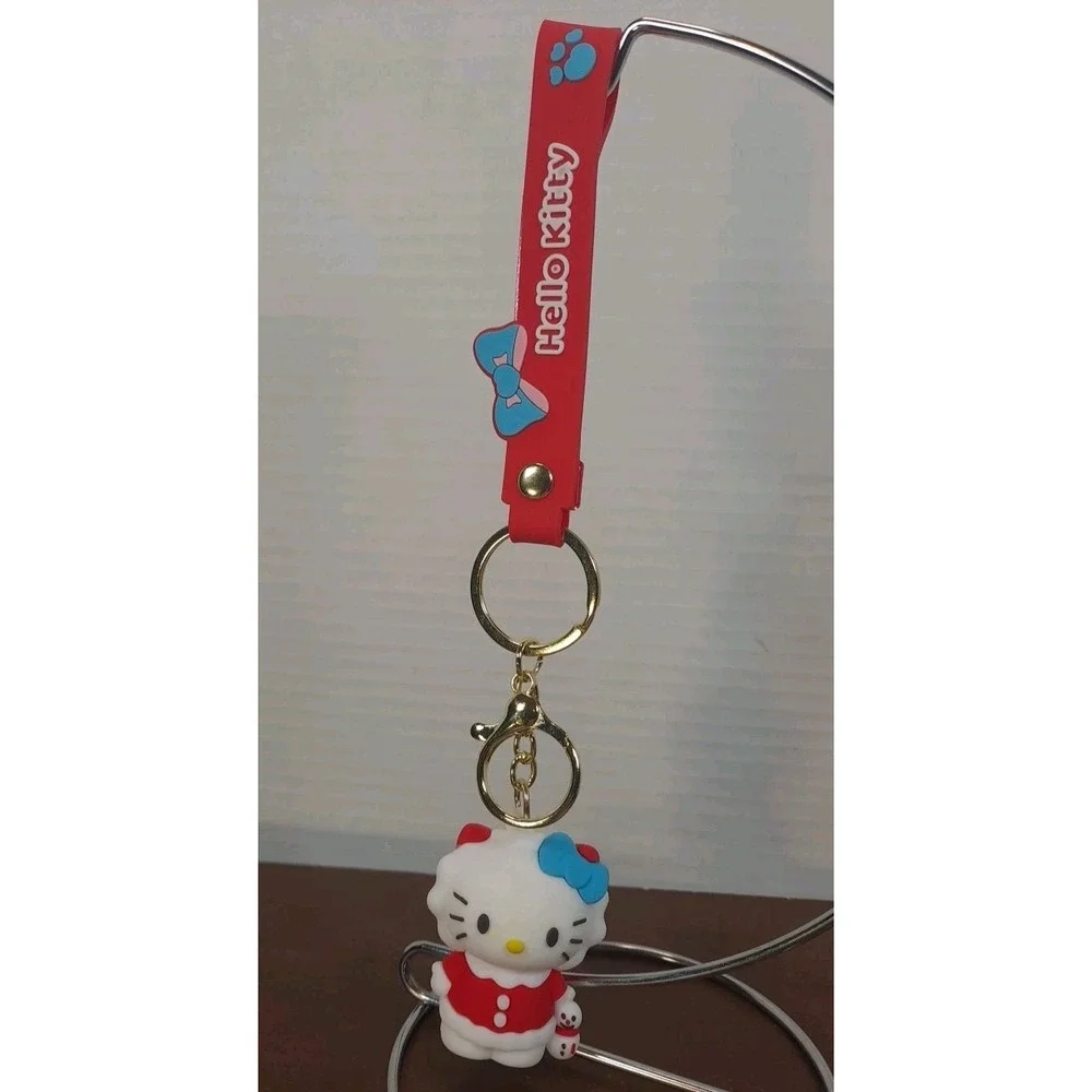 New Hello Kitty PVC 3D Backpack Purse Charm‎ Keychain Red Outfit With Snowmen